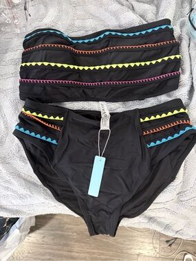 Black Bandeau Bikini Set with Neon Trim